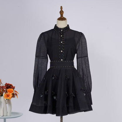 Set váy lụa ngắn xòe tay dài màu đen 6759