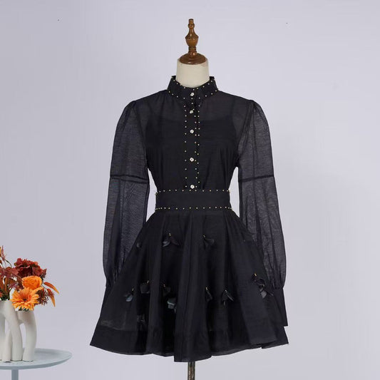 Set váy lụa ngắn xòe tay dài màu đen 6759