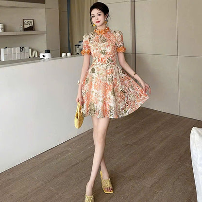 Đầm ren ngắn kèm dây belt bông màu Cam 6320