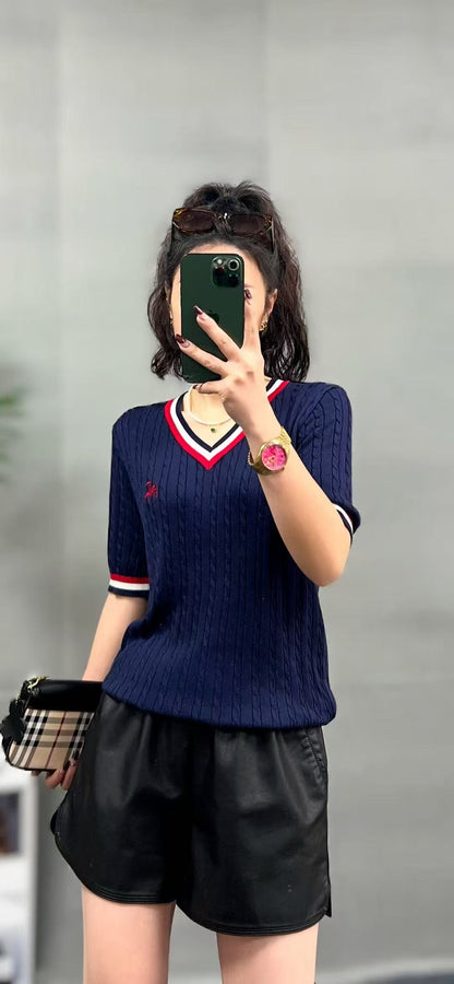 Áo BB tay ngắn cổ tim viền đỏ Màu XANH THAN 7830