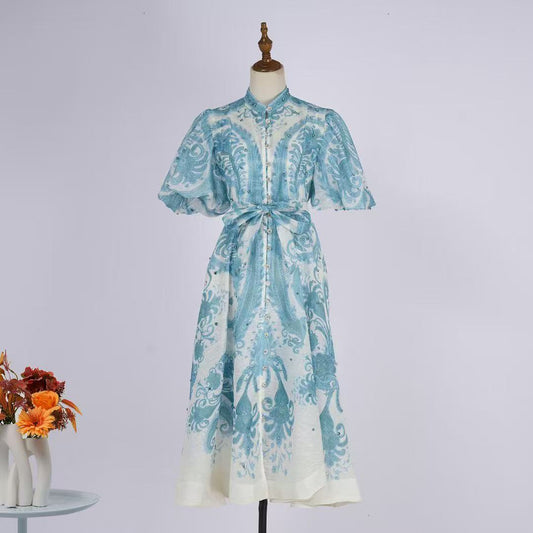 Đầm lụa dài bông xanh kèm belt 6807