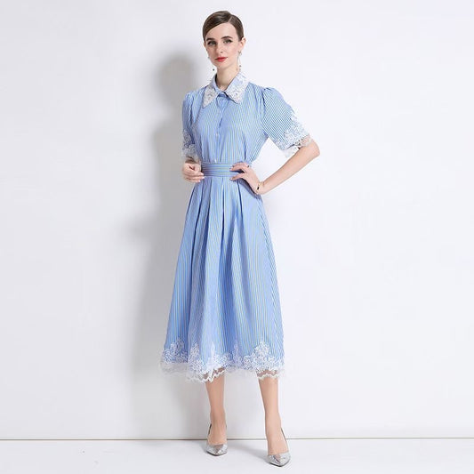 Set sọc nhỏ cổ sơ mi viền ren Màu Xanh 6786