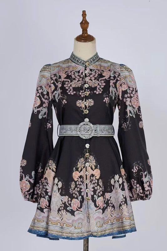 Đầm thiết kế hoạ tiết dài tay kèm belt 6366