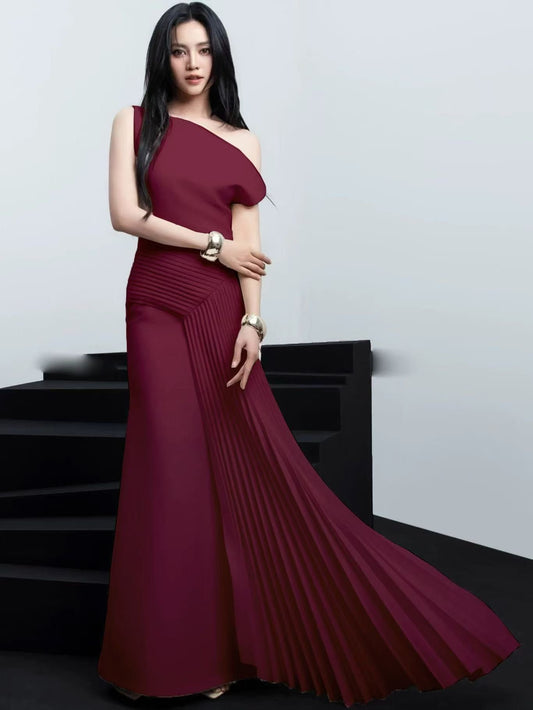 Đầm đi tiệc lệch vai đuôi cá dài Màu Đỏ 6769