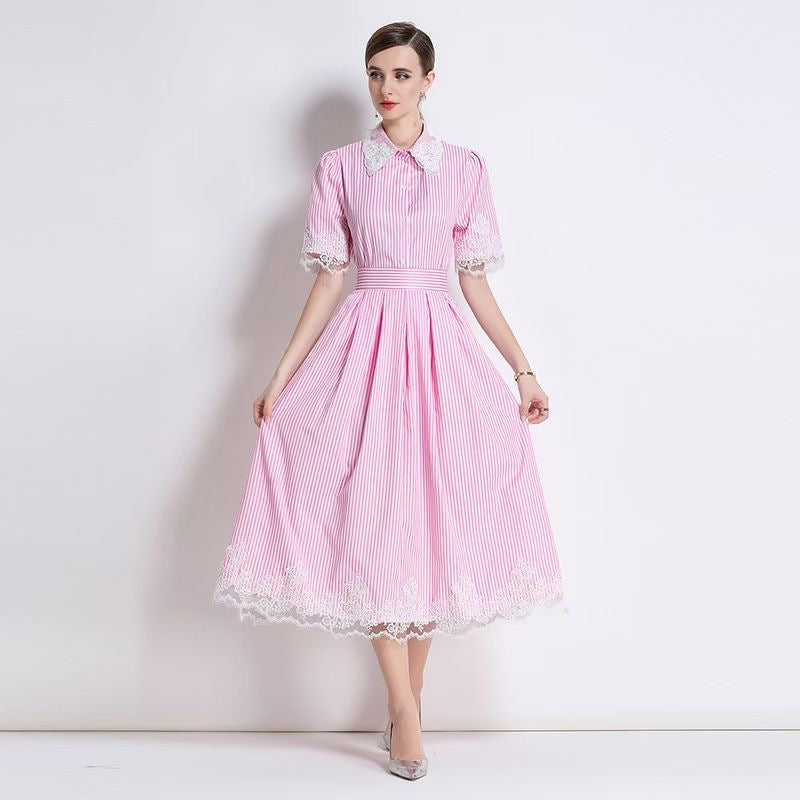 Set sọc nhỏ cổ sơ mi viền ren Màu Hồng 6785