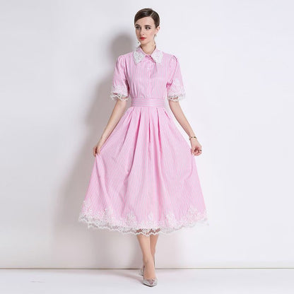 Set sọc nhỏ cổ sơ mi viền ren Màu Hồng 6785