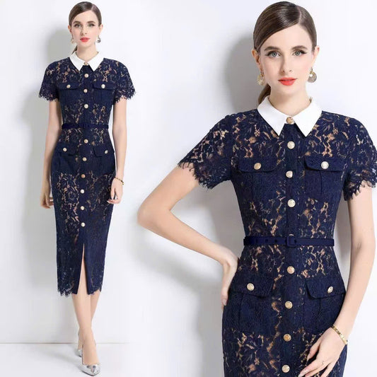 Đầm ren cổ vest kèm belt Màu Xanh đen dài 6377