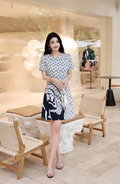 Đầm suông lụa CD Trắng Xanh than 6711