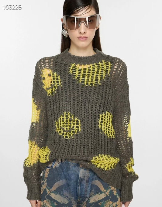 Áo len móc dài tay nâu phối vàng cực chất form rộng 6927