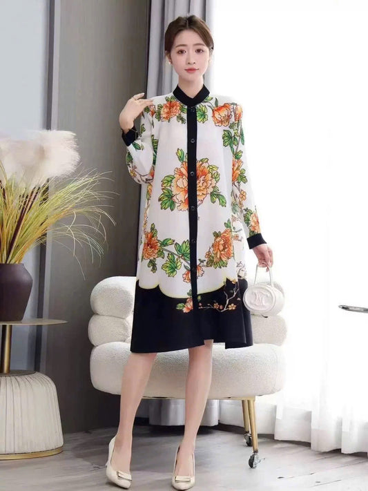 Đầm thun nhún xếp li dáng suông che khuyết điểm bông trắng 5122