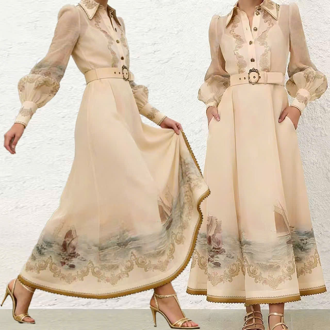 Đầm Lụa Dáng Dài Tay Voan Kèm Belt  màu Kem 7794