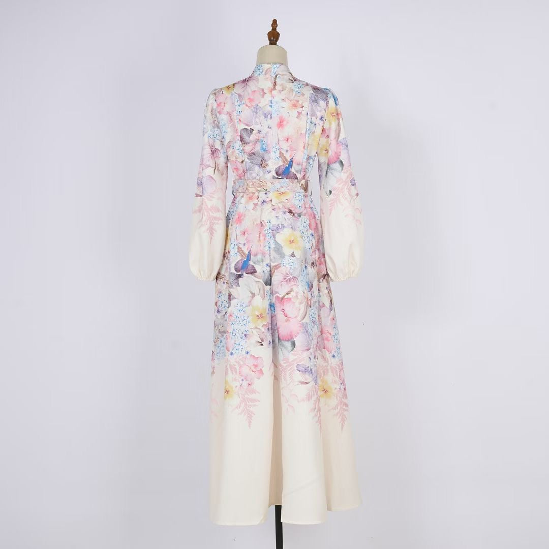 Đầm thiết kế dài tay nude phối hoa vàng kèm belt 6810