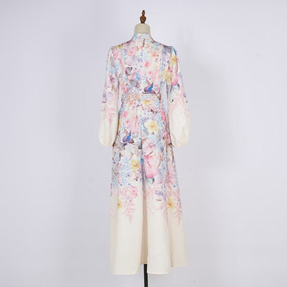 Đầm thiết kế dài tay nude phối hoa vàng kèm belt 6810