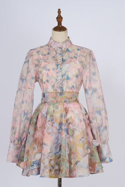 Set váy lụa ngắn xòe tay dài màu đen 6759