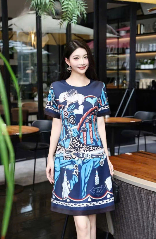 Đầm suông lụa 2 lớp hoạ tiết xích xanh than 7466