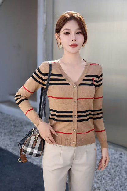 Áo Bb thun tay dài cài nút cổ tim sọc đen 7507