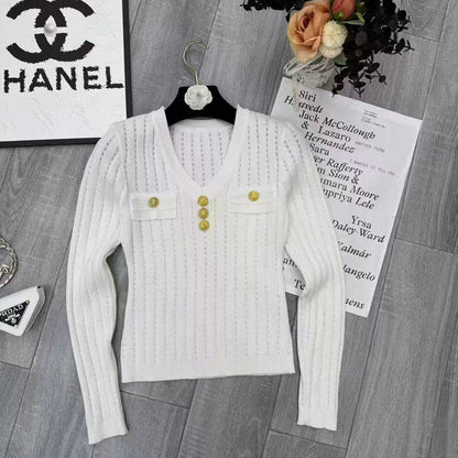 Áo len cổ tim dài tay nút ngực Màu Trắng 6859