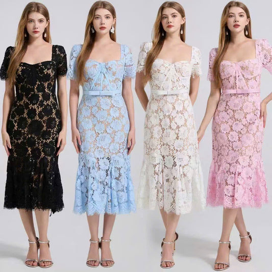 Đầm ren cổ vuông mút ngực Màu Đen 6362