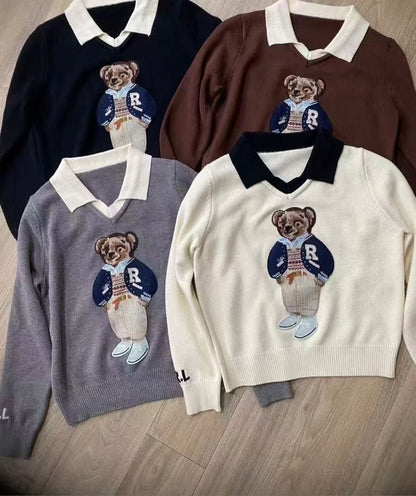 Áo len gấu dài tay cổ bẻ màu Đỏ Đậm 6887