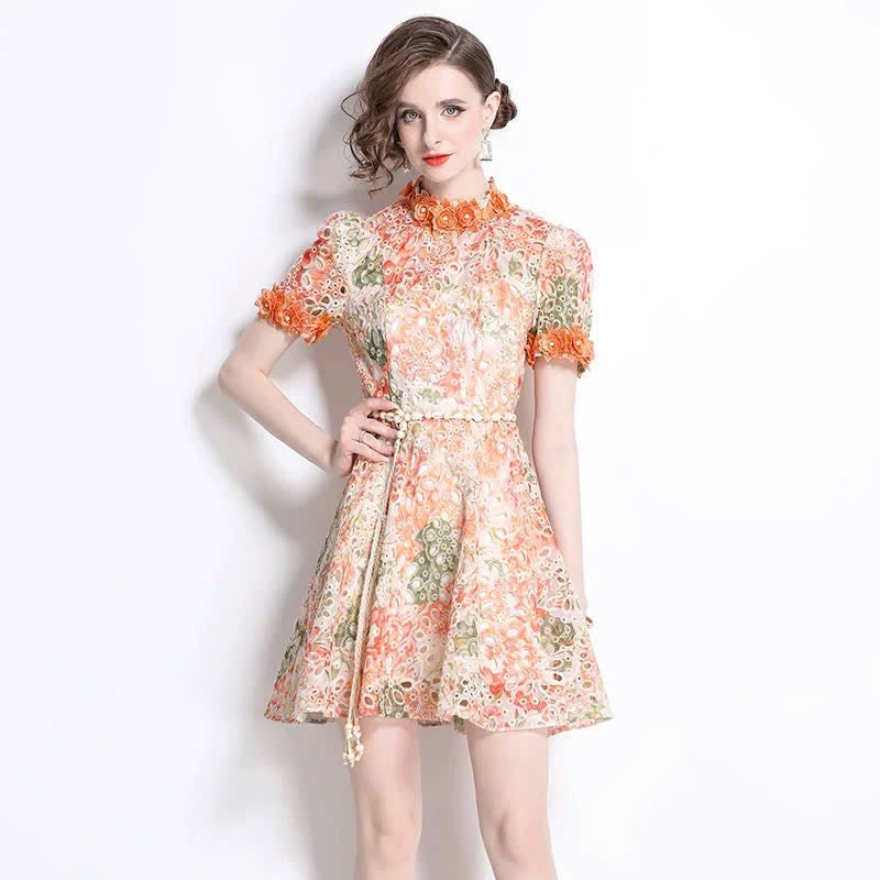 Đầm ren ngắn kèm dây belt bông màu Cam 6320