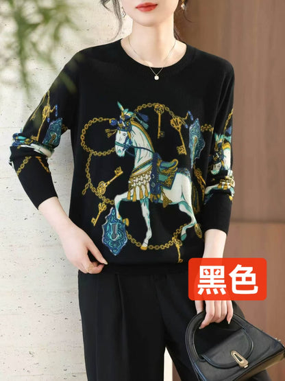 Áo Montoghi chui cổ dài tay hoạ tiết ngựa Hm Màu Đen