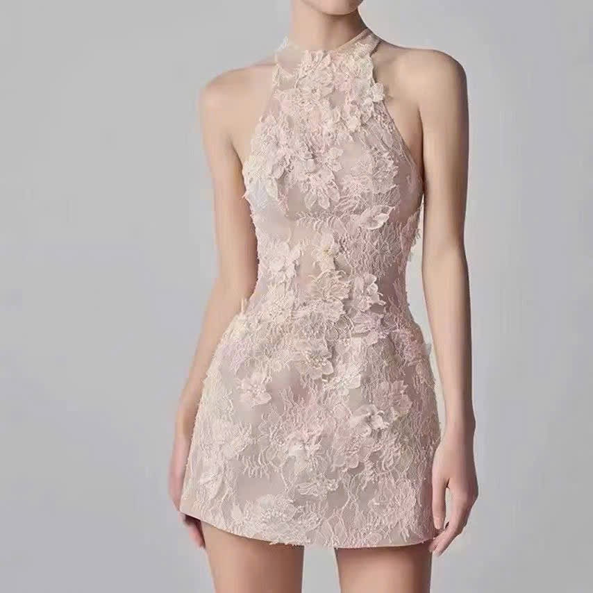 Đầm ren yếm xịn bông hoa nổi Màu Hồng 5965