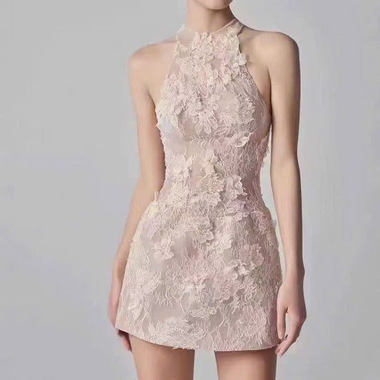 Đầm ren yếm xịn bông hoa nổi Màu Hồng 5965
