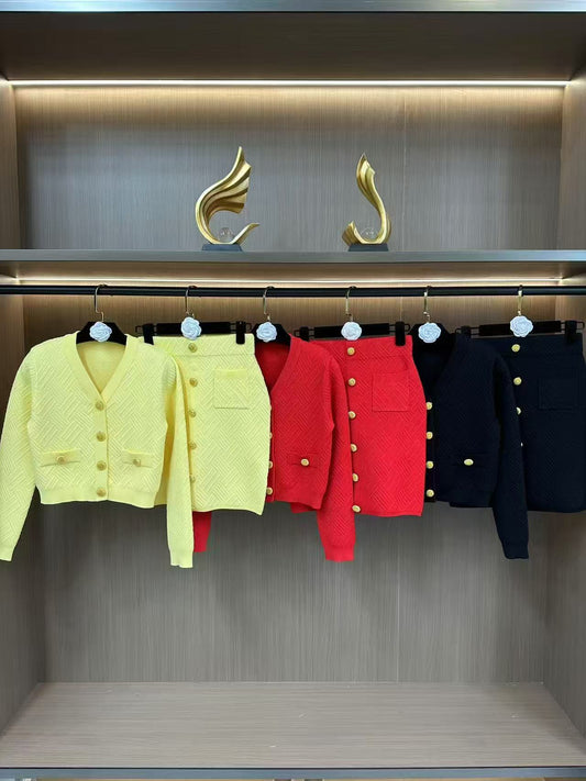 Set Self váy ôm có túi áo dài tay cổ tim nút vàng xoắn ốc xịn Màu Vàng 9333