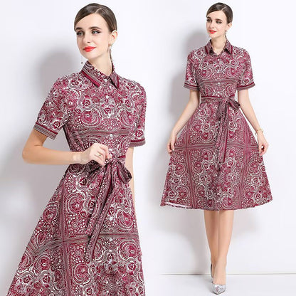Đầm voan lụa cổ sơ mi kèm belt đỏ tím 7739