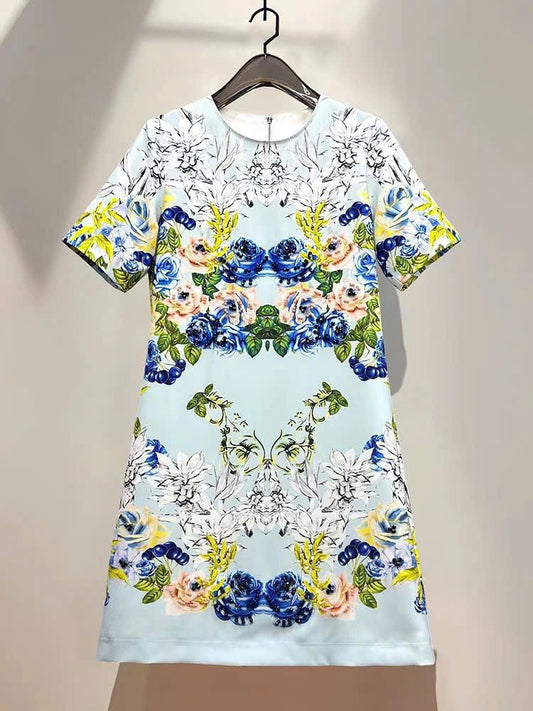 Đầm suông lụa 2 lớp hoạ tiết bông xanh 7464