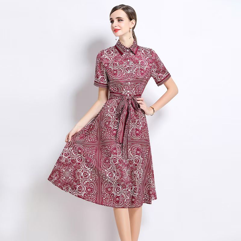 Đầm voan lụa cổ sơ mi kèm belt đỏ tím 7739