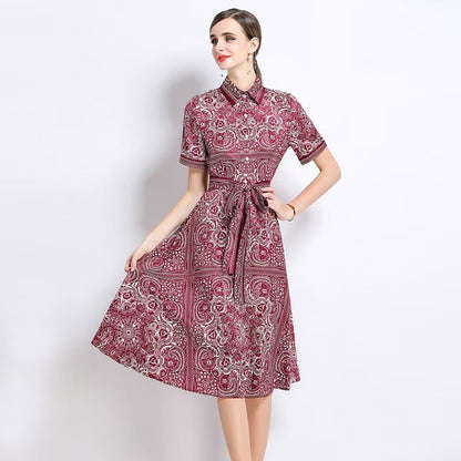 Đầm voan lụa cổ sơ mi kèm belt đỏ tím 7739