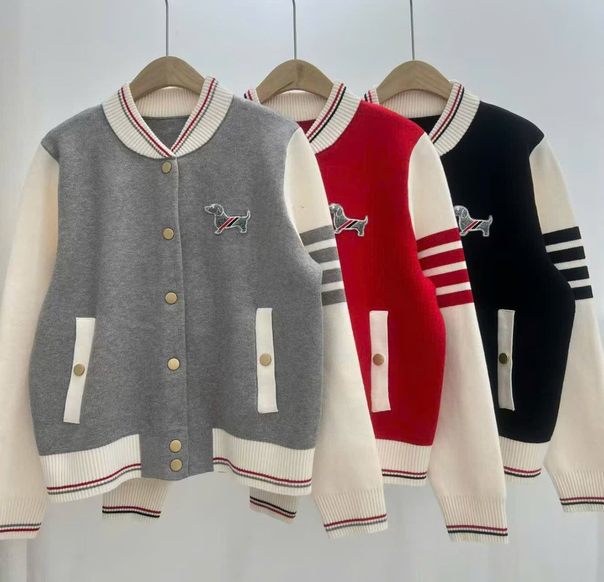 Áo khoác bomber Thom dây kéo tay sọc viền đỏ Màu Xám 9446