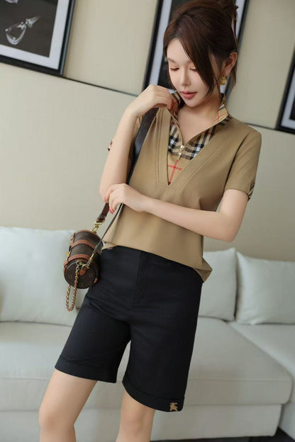 Áo Bb thun cổ dây kéo phối sọc Màu Nude 7853