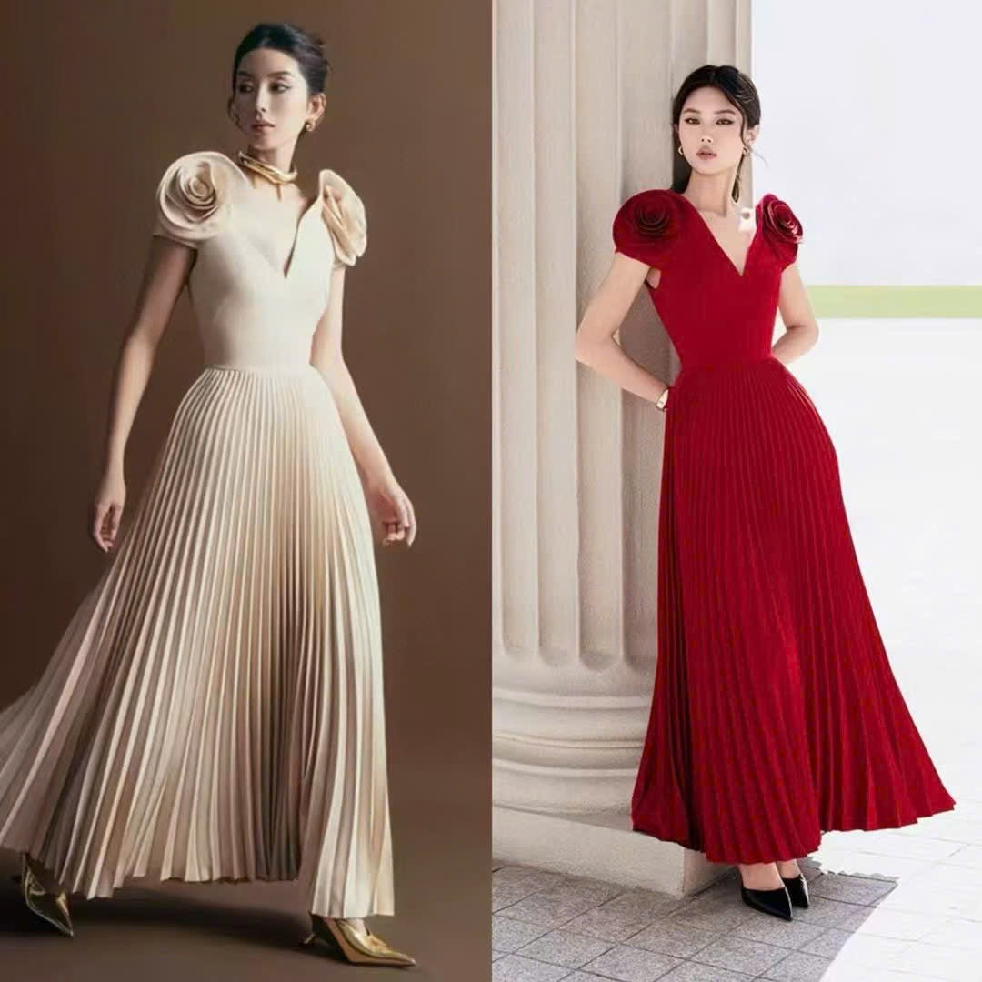 Đầm đi tiệc siêu sang trọng bông hai vai Màu Kem 5337