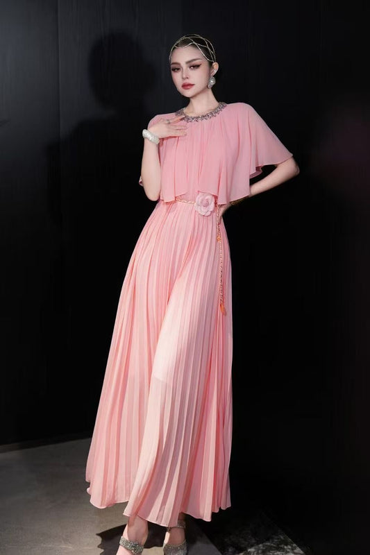 Đầm thiết kế đi tiệc xếp li kèm dây belt xích màu Hồng 6738