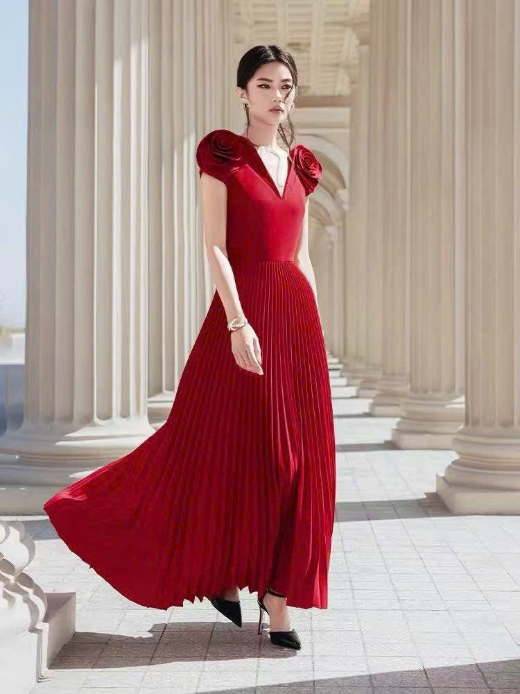 Đầm đi tiệc siêu sang trọng bông hai vai Màu Đỏ 5338