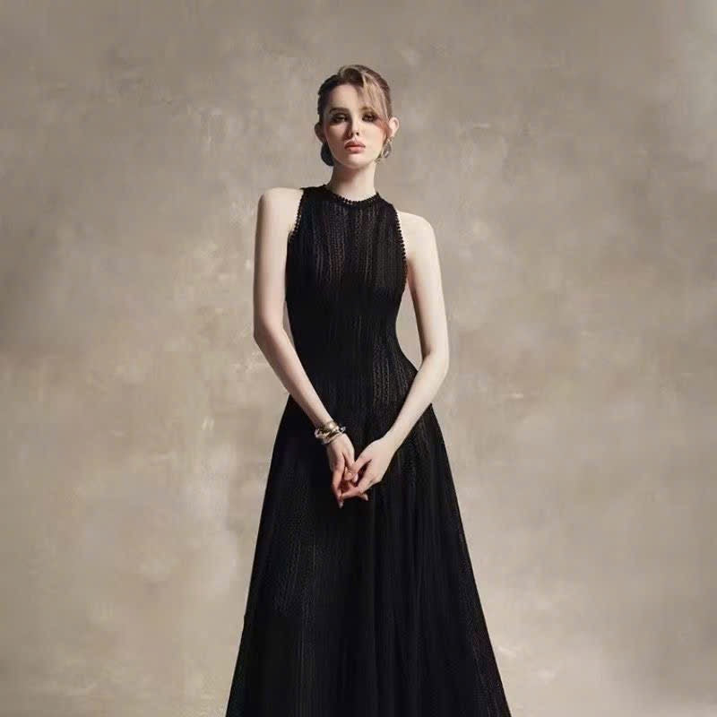 Đầm thiết kế dài maxi sát nách chất ren 2 lớp cực đẹp Màu Đen 5556