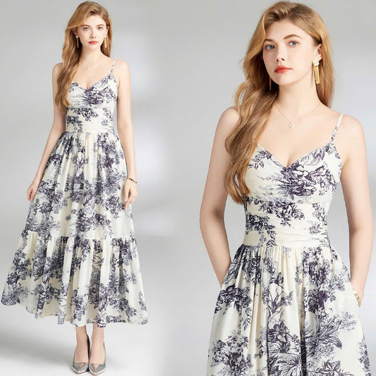 Đầm lụa 2 dây hoạ tiết CD 5850