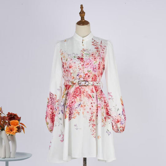 Đầm lụa kèm belt trắng bông hồng nhỏ 6766