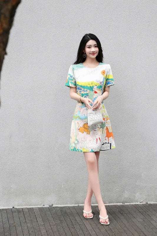 Đầm suông hoạ tiết trắng vàng 6707