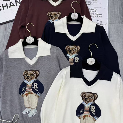 Áo len gấu dài tay cổ bẻ màu Đỏ Đậm 6887