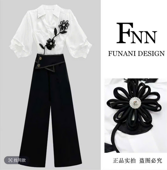 Set sơ mi trắng chân váy đen bông hoa đen trẻ trung 5551