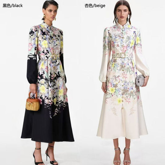 Đầm lụa dài bông nhỏ kèm belt Màu Đen 6788