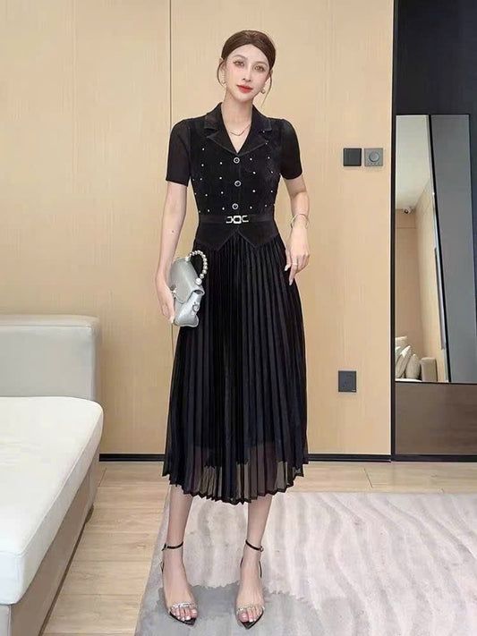 Đầm thun nhún cổ bẻ rất đẹp màu đen 6107