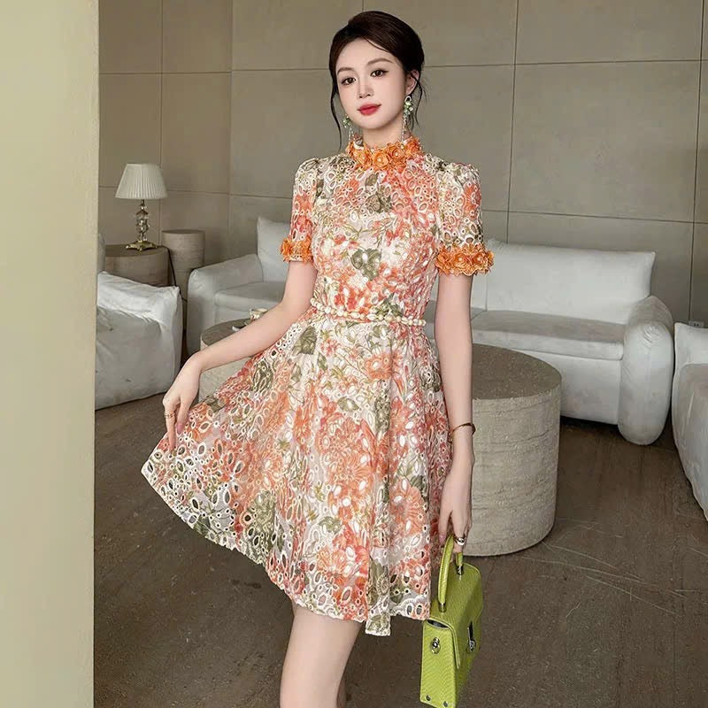 Đầm ren ngắn kèm dây belt bông màu Cam 6320