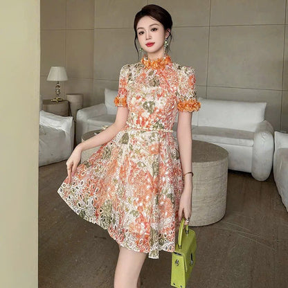 Đầm ren ngắn kèm dây belt bông màu Cam 6320