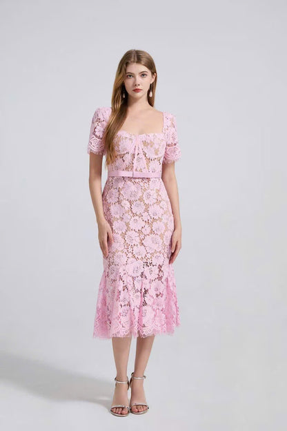 Đầm ren cổ vuông mút ngực Màu Hồng 6359