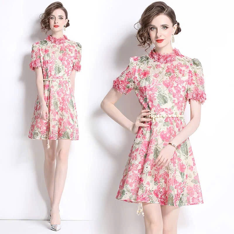 Đầm ren ngắn kèm dây belt bông màu xanh 6318