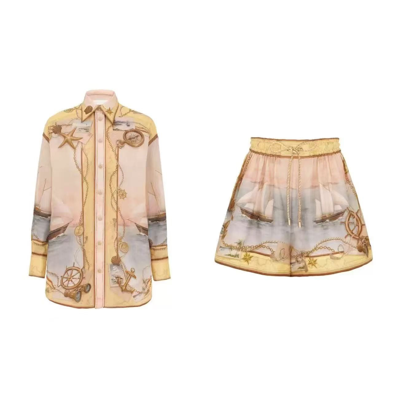 Set lụa quần sọt áo sơ mi hoạ tiết xe ngựa vàng cực xinh 6742